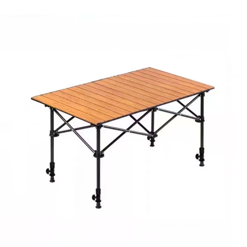 Mesa enrollable para acampar con elevación de vetas de madera