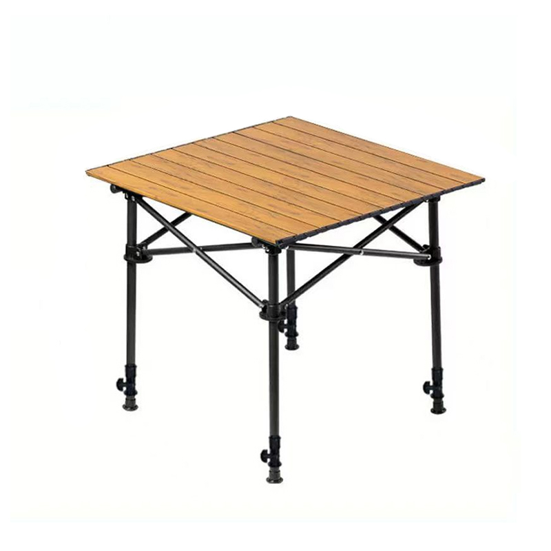 Mesa enrollable para acampar con elevación de vetas de madera