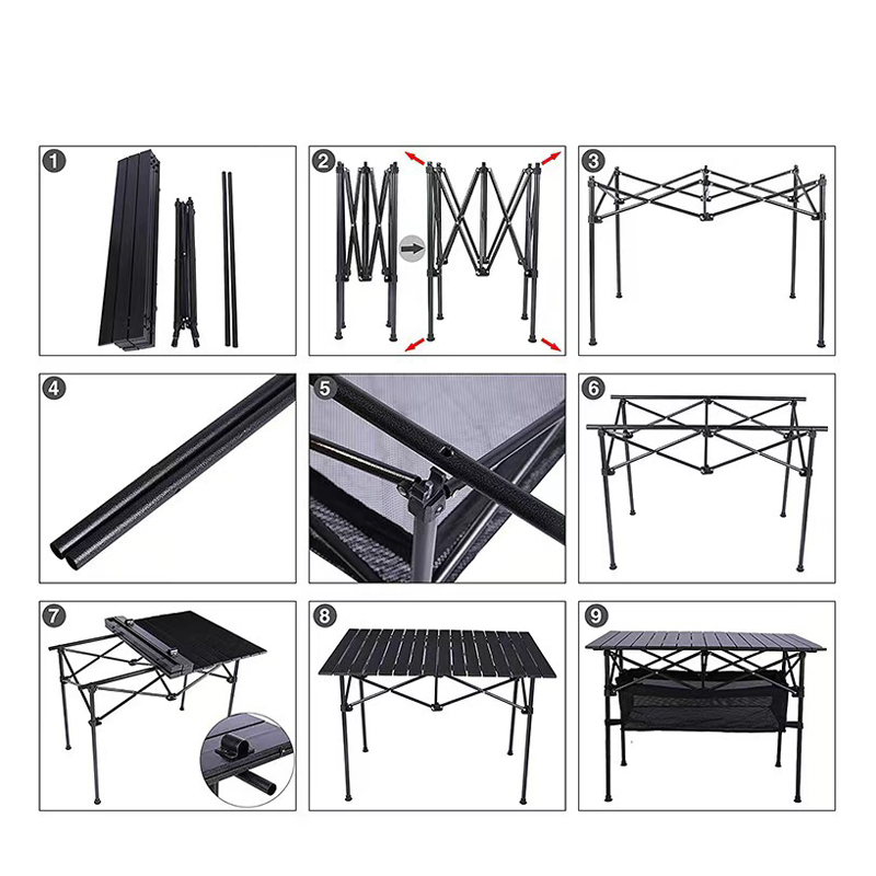 Mesa enrollable para acampar con bolsa de red